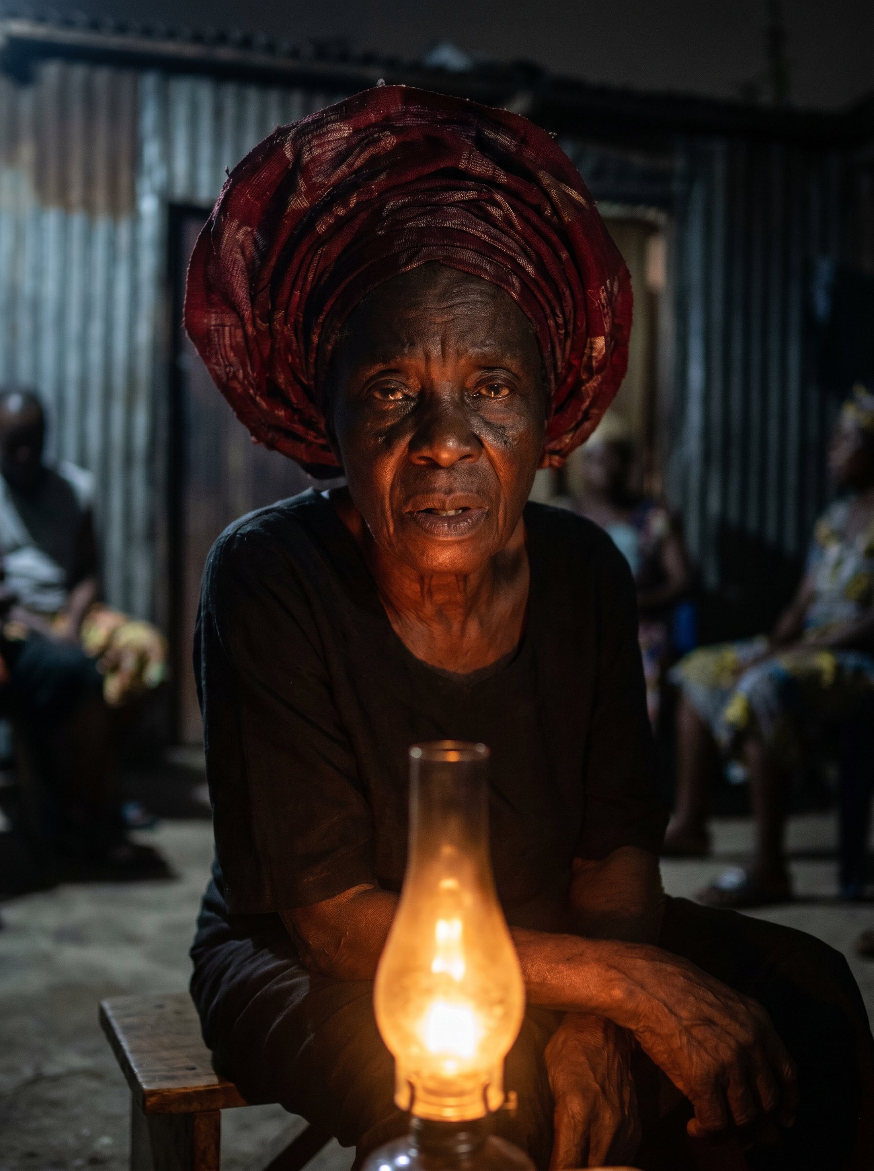 Elder storyteller by lamplight