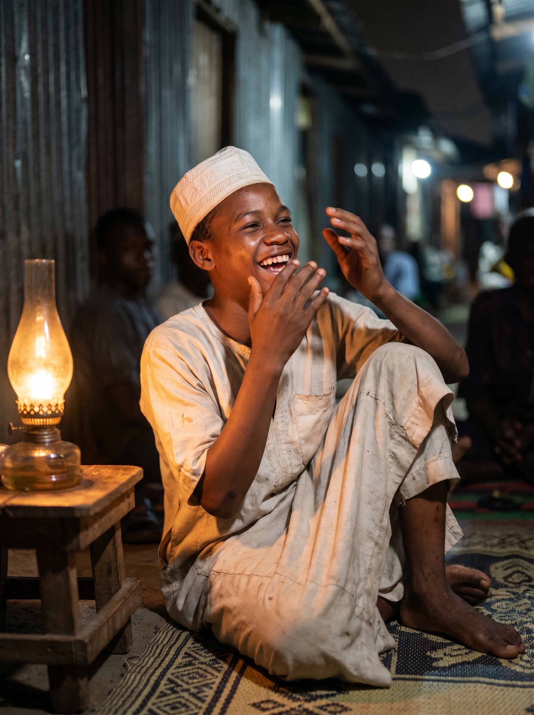 Boy laughing by lamplight