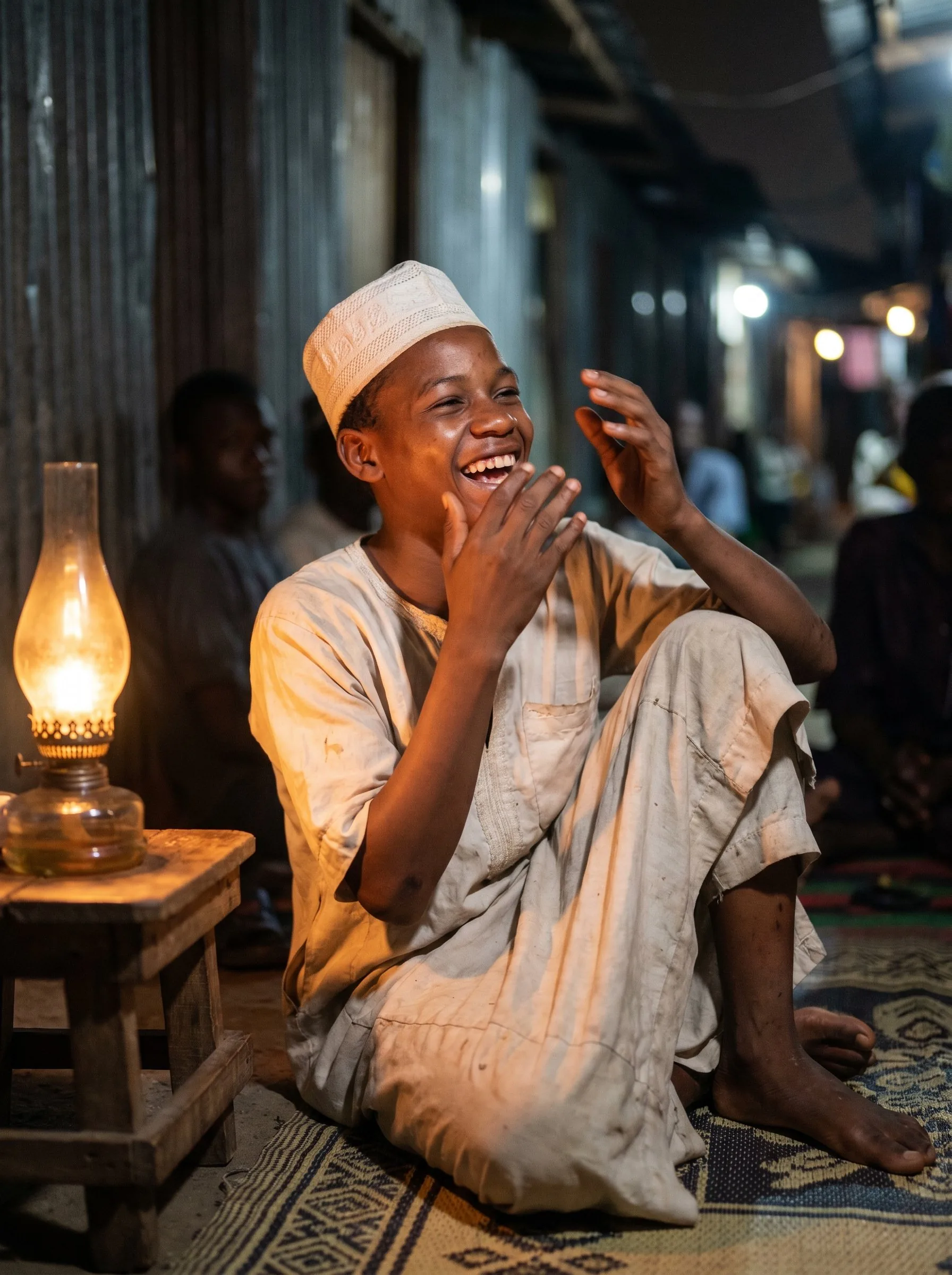 Boy laughing by lamplight